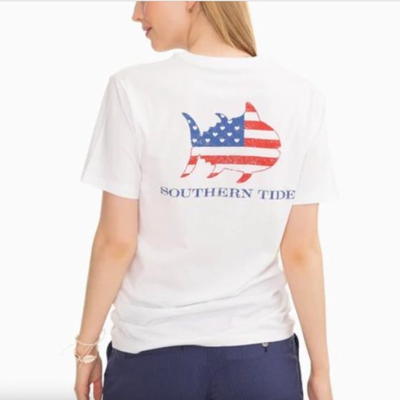 Southern Tide Hearts & Stripes Flag Skipjack Tee, White XS NWT 4th of July !!! - Picture 1 of 4